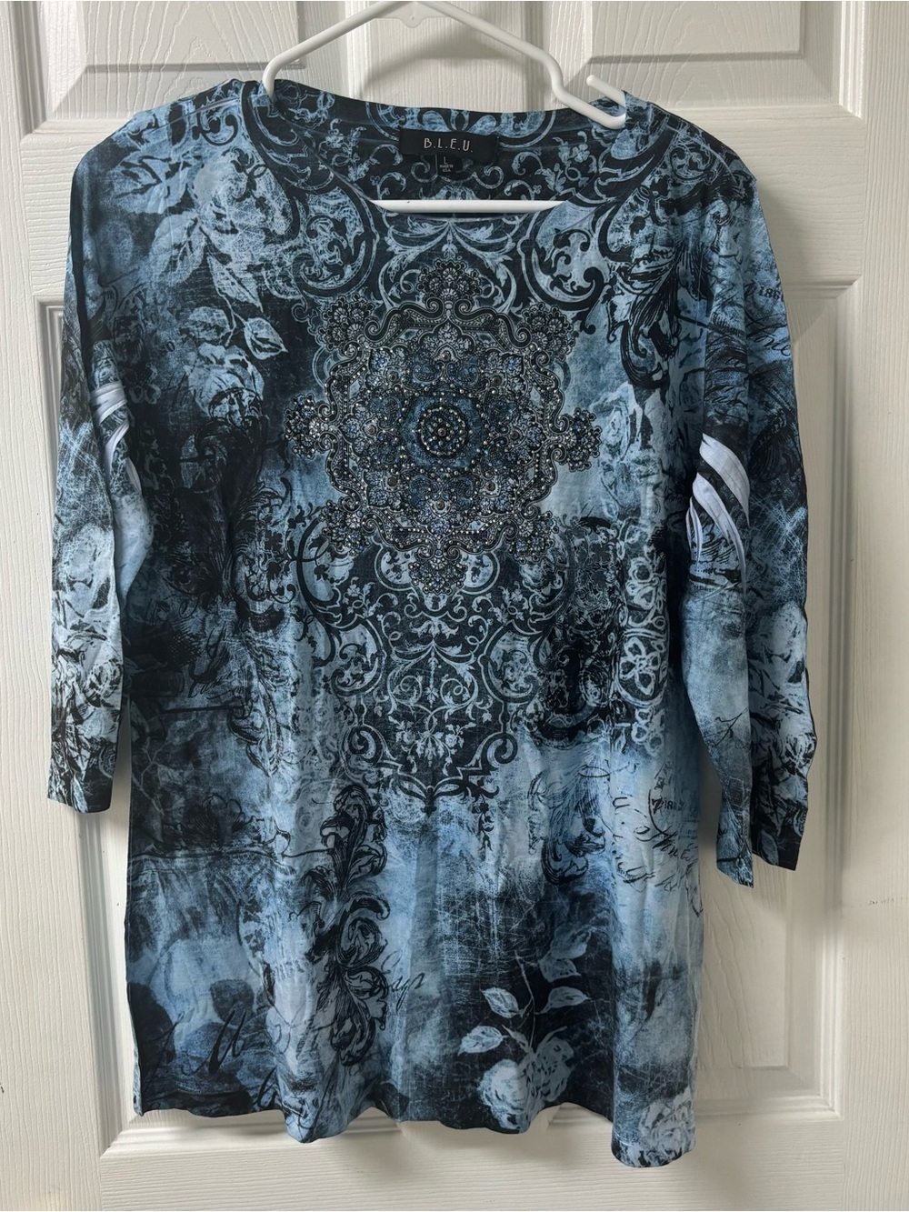 Rhinestone Tunic Top Blue Black Medallion Y2K Women’s Large Whimsical Goth